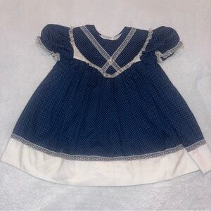 Vintage Navy Blue Polka Dot Lace-Trim Baby Dress